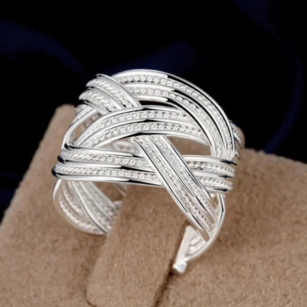 925 Sterling Silver Thick Wide Band Twist Criss Cross Ring